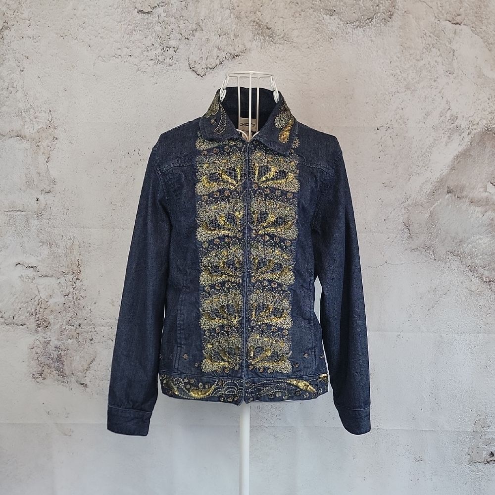 Chico's Denim Jacket with Gold Embroidered Sequins Womens Size M (Chicos 1)